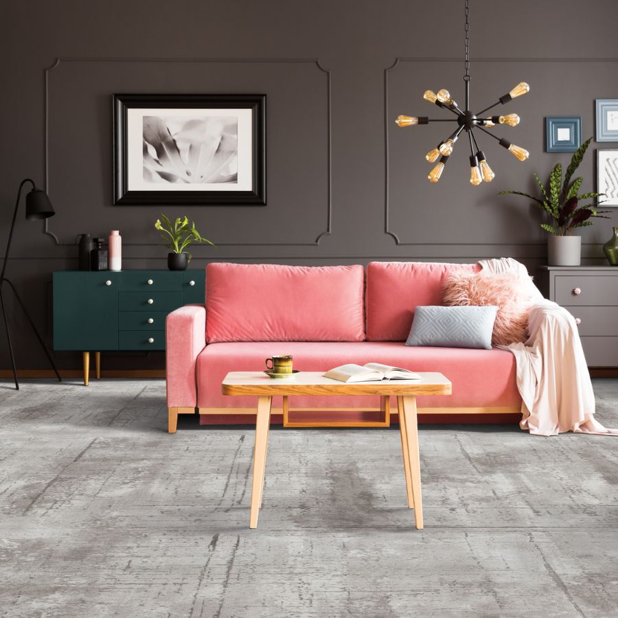 Patterned carpet in a living room.